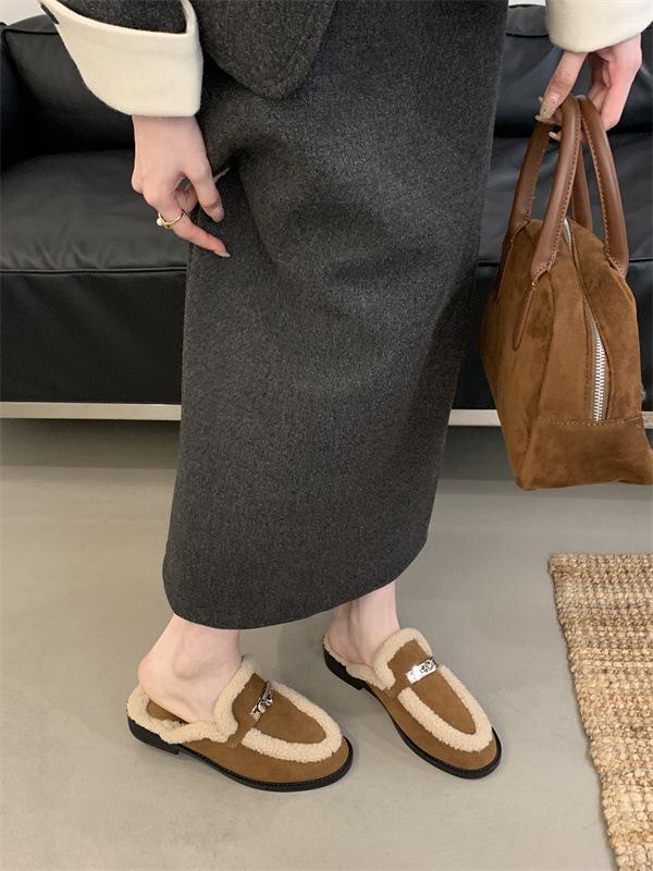 2024 Autumn/Winter Women's Fur-Lined Gold Lock Thick Heel Half Slippers