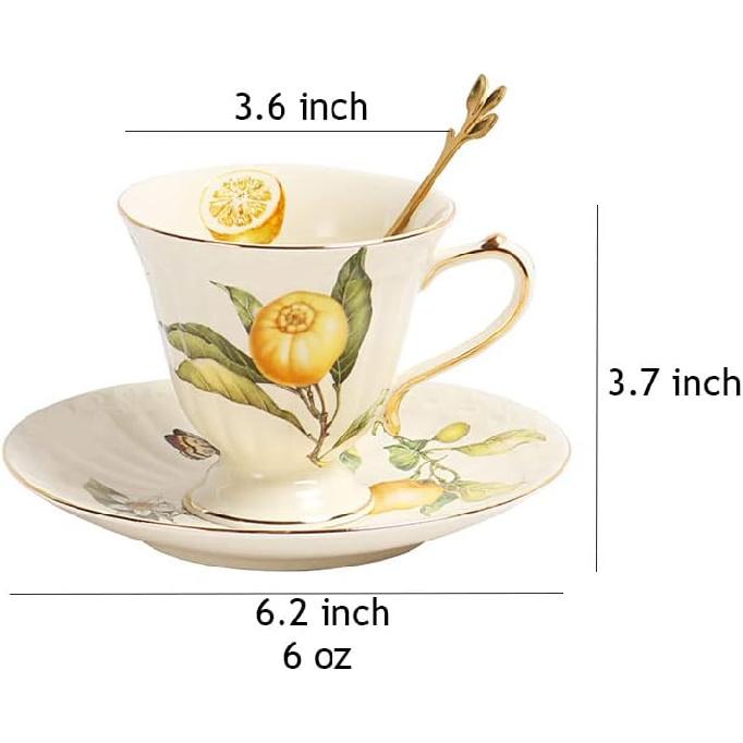 Sizikato Porcelain Cup and Saucer Set with Golden Spoon, 6oz Tea Cup Coffee Mug, Cute Lemon Pattern