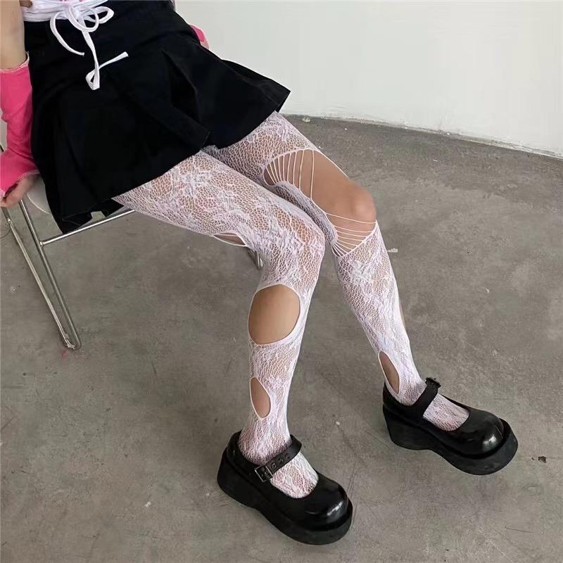 Lolita Hollow Out Flora Lace Mesh Stockings White/Black Retro Floral Rattan Stocking Hot Tights Punk Style Flower Stockings