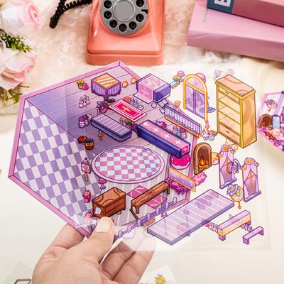 4 Pcs DIY 3D House Stickers Paper Miniature Scene Stickers Cartoon Mini Room
