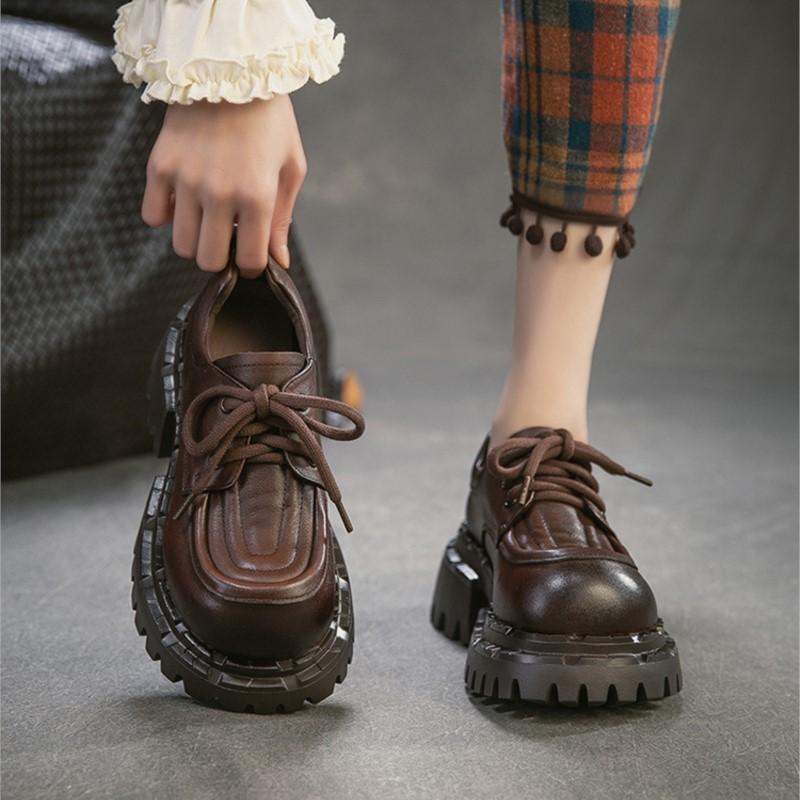 Johnature Britischer Stil Schnürschuhe Runde Spitze Dicke Sohle Echte Leder Vielseitige Damen High Heels Pumps