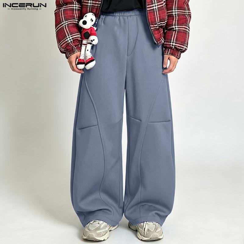 INCERUN Men's Elastic Waist Casual Loose Streetwear Trousers Hip Hop Wide Leg Pants
