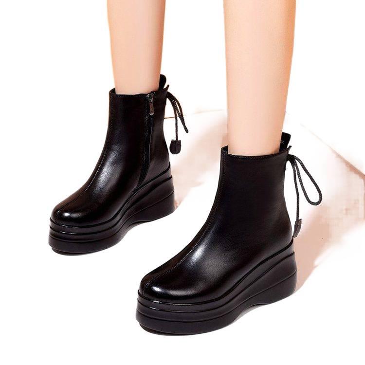 Γυναικείες Πλατφόρμες Μποτάκια Αστραγάλου από Γνήσιο Δέρμα - Χειμερινά Βελούδινα Μεσαίο Τακούνι, Στυλ Φθινόπωρο/Χειμώνα