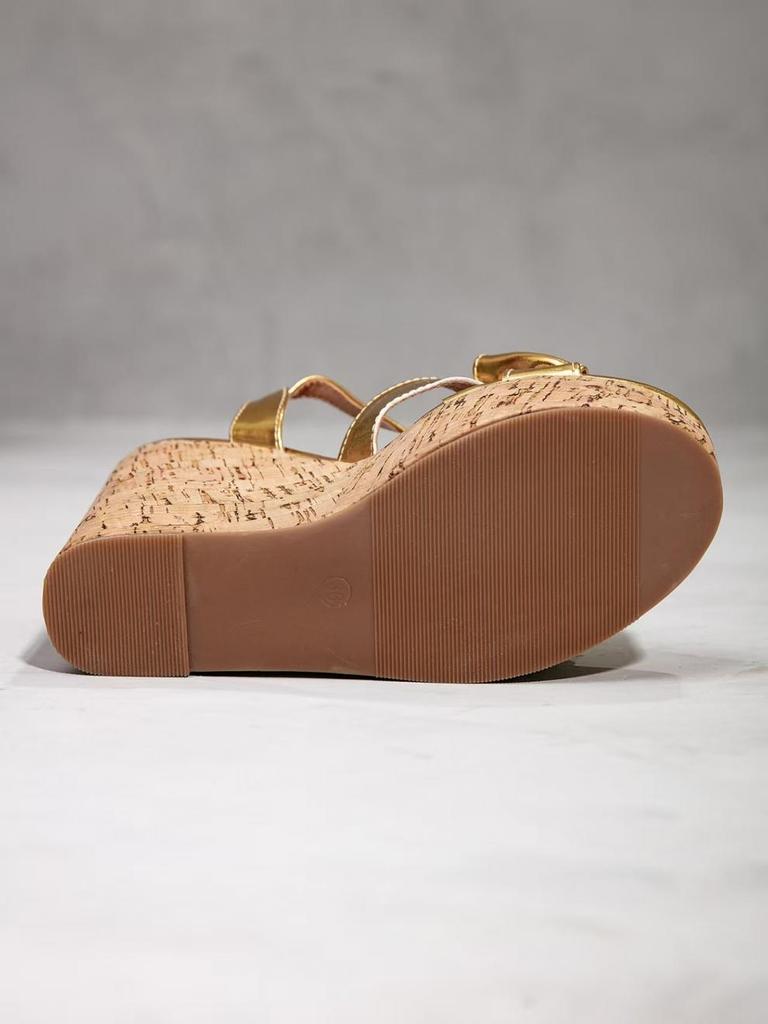 Golden Wedge Platform Sandals Women Sexy Open Toe Ankle Strap Chunky High Heels Elegant Bow Decoration Beach Shoes for Ladies