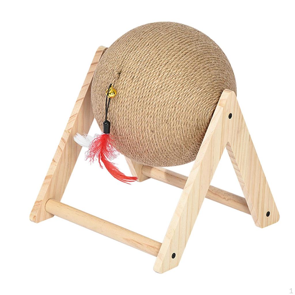 Cat Scratching Ball Toy Wooden Stand Triangle Frame Multipurpose Interactive with Bell and Feather