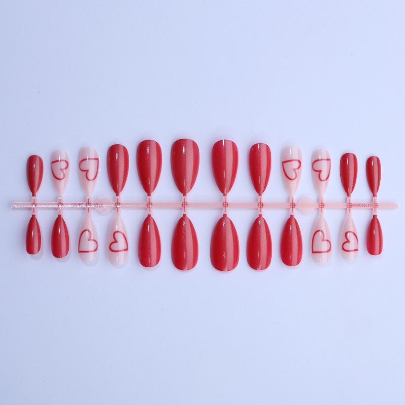 Almond wearing nail red glitter pearlescent love solid color simple high-end nail nail piece