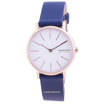 Signature Damenuhr mit weißem Zifferblatt, blauem Lederarmband und Quarz SKW2838
