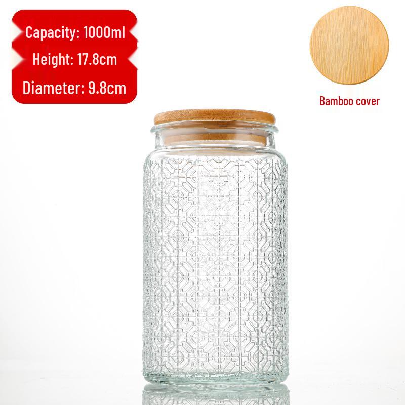 Cylindrical Embossed Glass Storage Jar with Wooden Lid for Dried Fruits and Grains