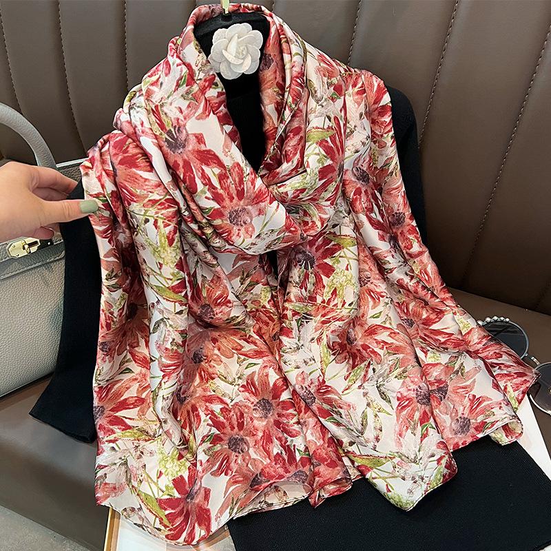 New Li Brocade Simulation Silk Scarf Women's Fashion Temperament Versatile Thin Scarf Travel Sunscreen Shawl