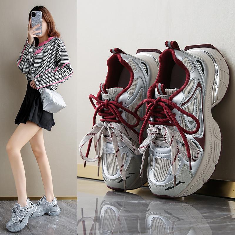 

толстоподошвенная новая женская обувь цвет пара шнурков спорт и отдых сетчатые дышащие кроссовки для бега 40 красный