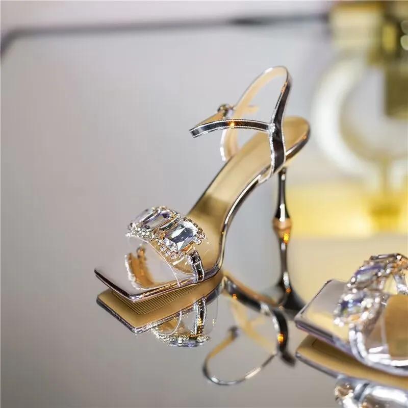Fashion New  Golden Slim Heel with Diamond Square Toe Sandals for Women in The Summer of  Fairy Style Open Toe Sexy High Heels