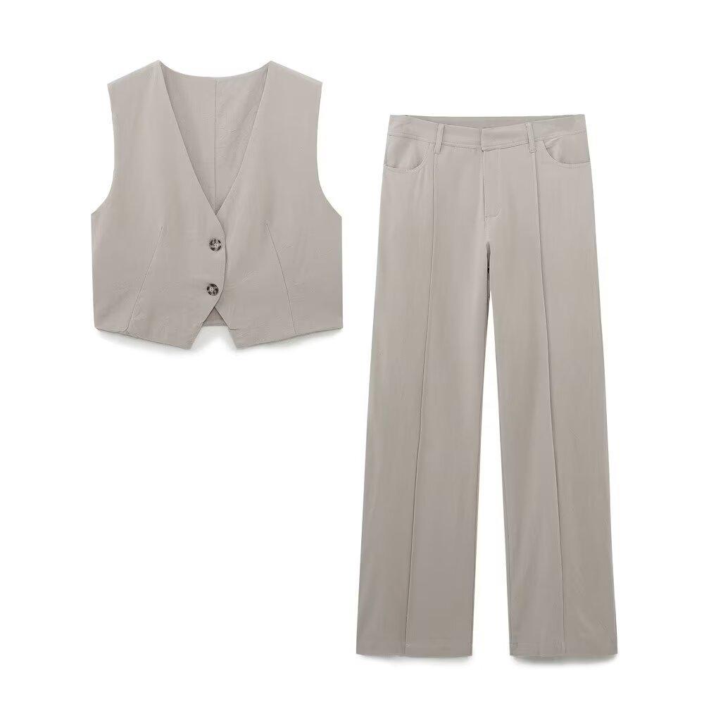 

2025 Spring Women s Linen Blend Crop Top & Straight-Leg Pants Set XS