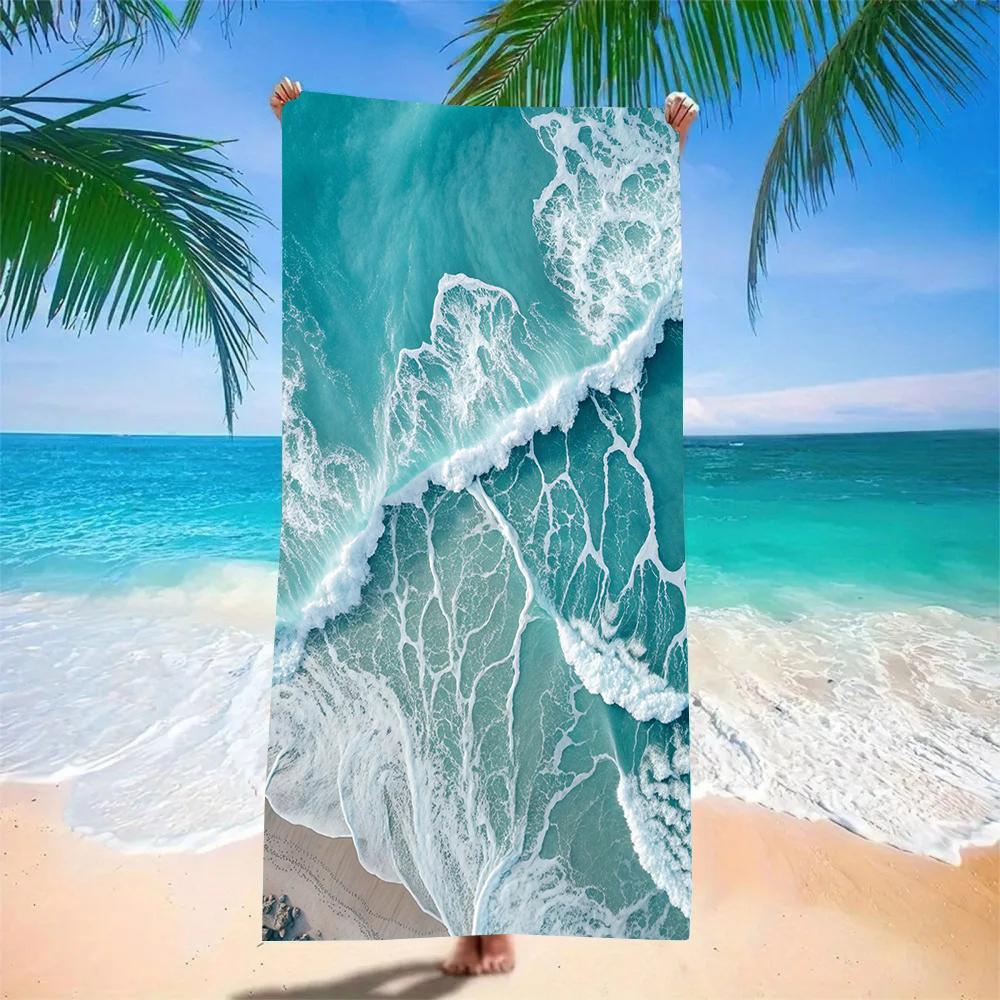 Ocean Starfish Shell Print Beach Towel - Super Absorbent Quick Dry Microfiber, Tropical Sea Pattern Blanket for Picnic & Outdoor
