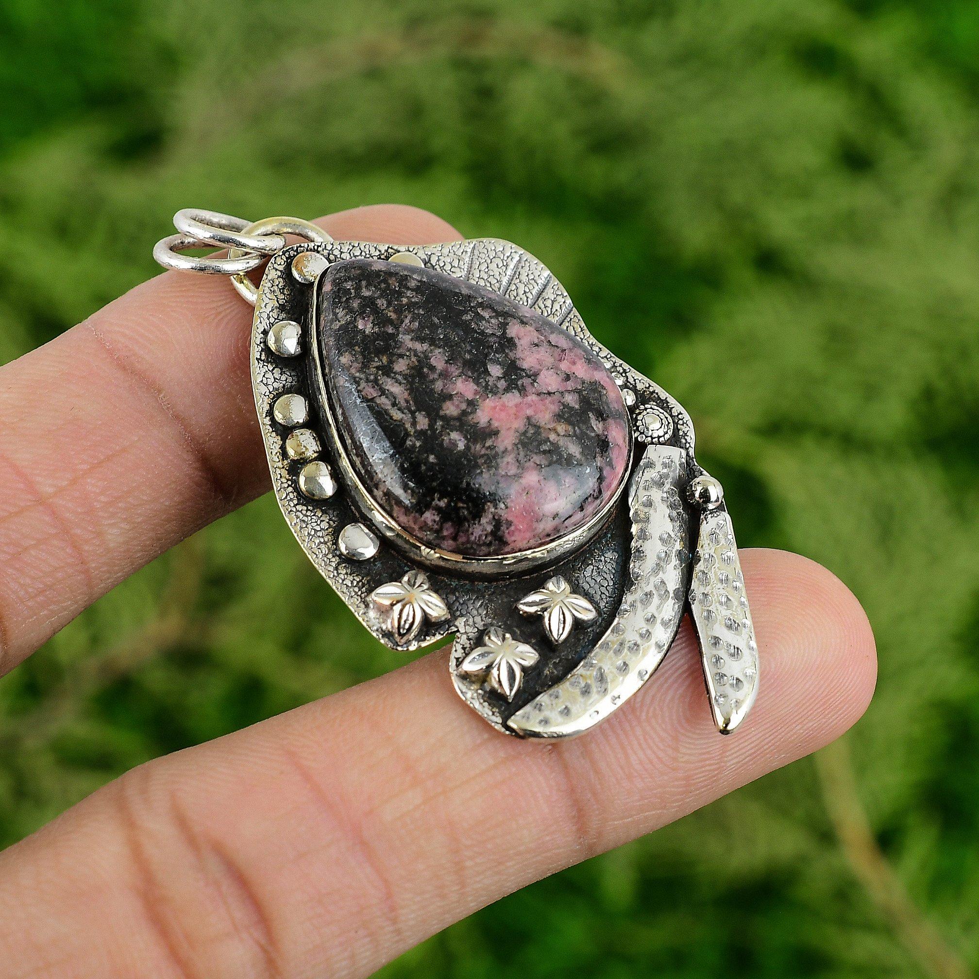 

925 Sterling Silver Heart Chakra Pear Natural Rhodonite Mother Handmade Pendant