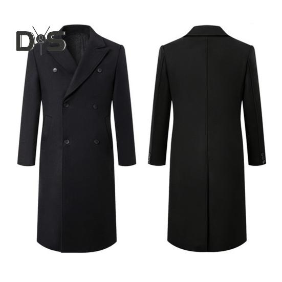 Men Windbreaker Suit Collar Long Sleeve Double-Breasted Thickened Woolen Coat Solid Color Pockets Design Mid-length Outwear