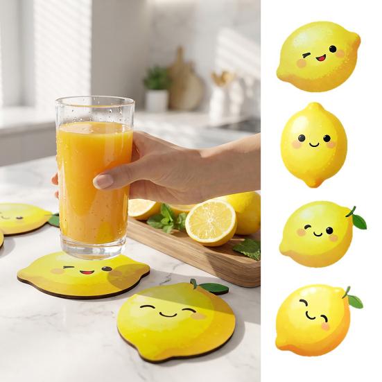 Non Slip Insulation Cup Mats 4PCS Cute Lemon Shape Wooden Coasters, Non-slip Heat Pads, Functional Coffee Table Coasters Decorative Tableware