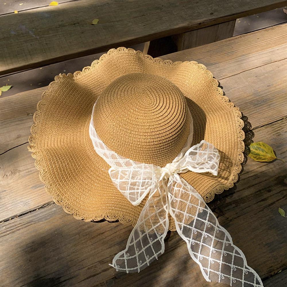 Big Brim Lace Straw Hat Spring Summer Women's Sun Hat Elegant Bow Ribbon Straw Hat  Lady