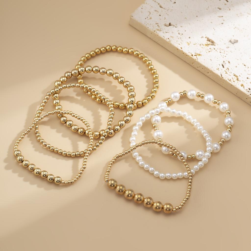 Europe, America, Baroque Pearl Beaded Multi-layer Bracelet, Retro CCB Round Bead Elastic Bracelet Set