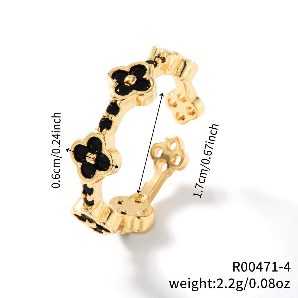 New Light Luxury Temperament Small Flowers Open Ring Atmosphere Sense Of Colour Zirconia Four-Leaf Flower Ring Four-Leaf Clover Ring