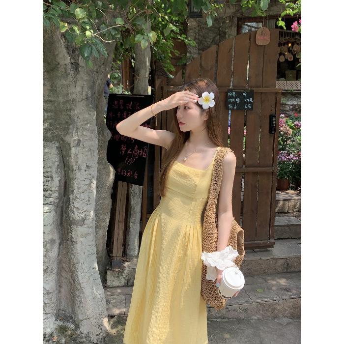

French small yellow suspender dress women s summer new waist temperament long dress seaside vacation skirt S жёлтый