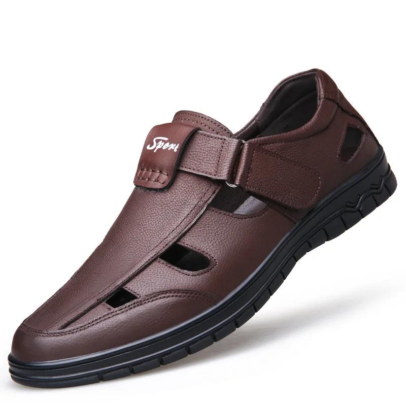 

Модные летние мужские сандалии из натуральной кожи, дышащие, ажурные, классические, мужские сандалии на плоской подошве, сплошные, резиновые, кожаные, мужские повседневные сандалии785 10 коричневый