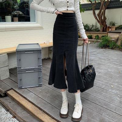 Ruffle Female Black Spring High-waisted Hundred Elastic Slim Open Package Hip Fishtail Skirt Versatile Comfortable Fashion Denim Bustier Skirt