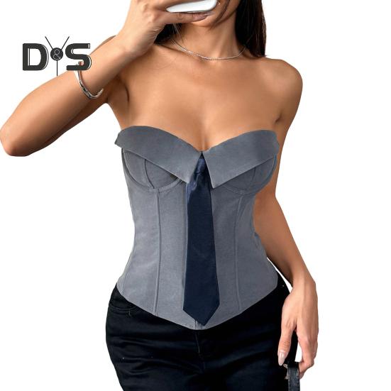 

Сексуальный жилет с открытыми плечами, декорированный фальшивым лацканом, безрукавки, облегающий дизайн, трехмерный пошив, женские топы L серый