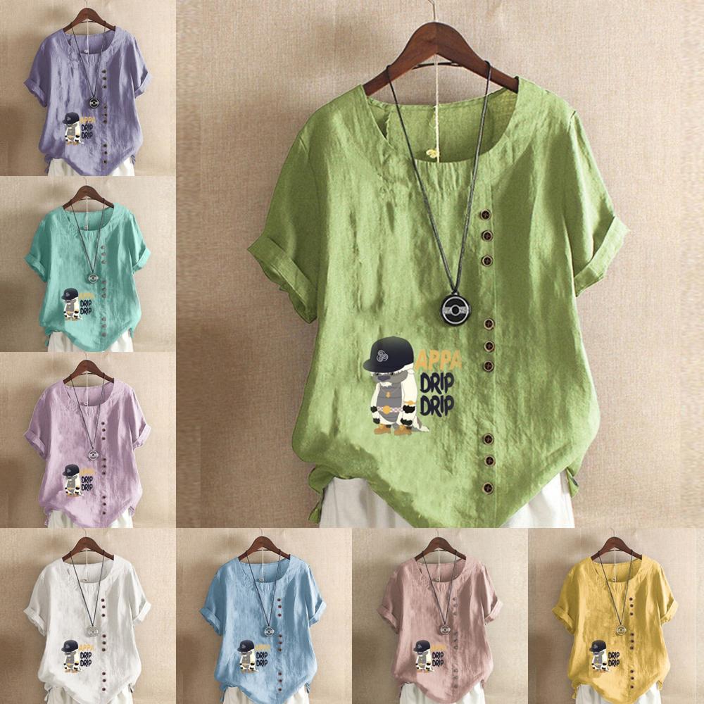 Damska Koszulka T-shirt z Okrągłym Dekoltem i Krótkim Rękawem Casualowa Bawełniana Lniana Koszula z Nadrukiem Postaci z Kreskówek Letnia Bluzka Top Plus Size