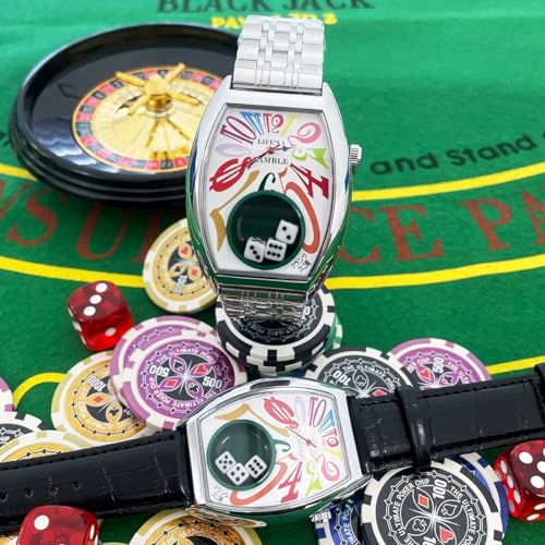 Frank Miura Uhr Macau Gambling Reissue Würfel Casino Ledergürtel Schwarz Herren (Silberner Regenbogen Weiß)