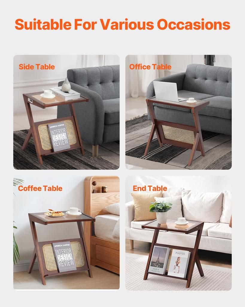 SucceBuy Rattan Coffee Table 20/47 Inch Z-Shaped Rattan Woven Bamboo Coffee Table W/ Tempered Glass Top for Living Room Bedroom