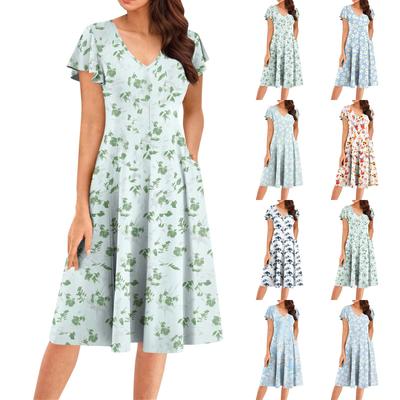 Damen Sommer Mode V-Ausschnitt Rüschenärmel Retro Elegant Midi Kleid