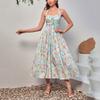 Summer New Four-sided Elastic Printing Neck Dress, European and American Sexy Backless Strap A Word Medium and Long Dress