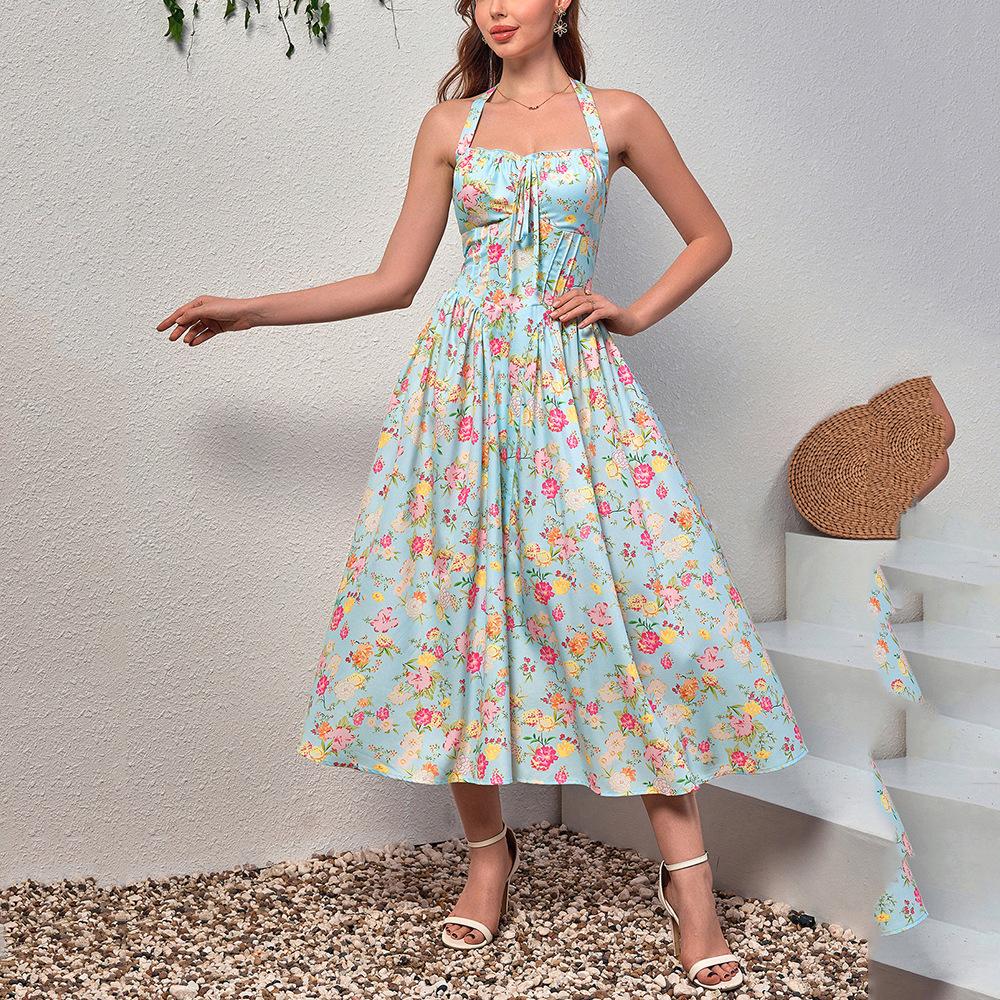 Summer New Four-sided Elastic Printing Neck Dress, European and American Sexy Backless Strap A Word Medium and Long Dress