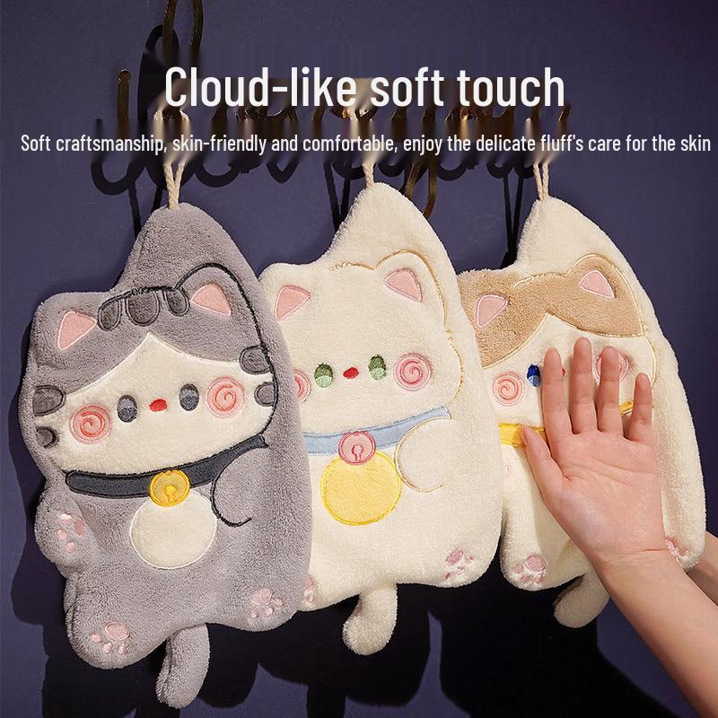 Cartoon Cat Coral Fleece Hangable Hand Towel - Thick, Absorbent, Dual-Use for Kitchen & Bathroom.