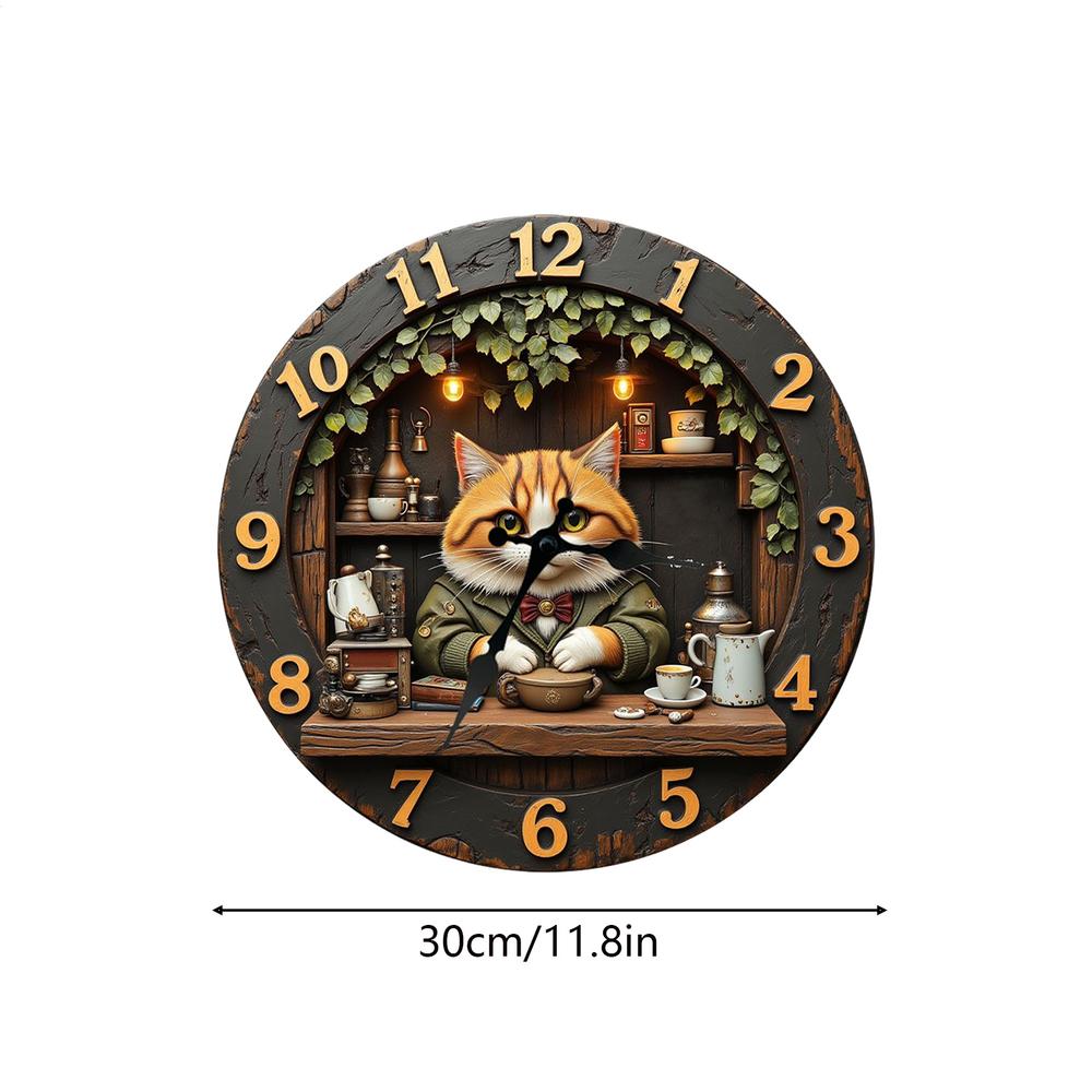 

Wall Clock 11.81 Inch Cat Theme Wooden Decoration Bedroom Wall Clock for Home Living Room Bedroom Farmhouse Bar Office Library