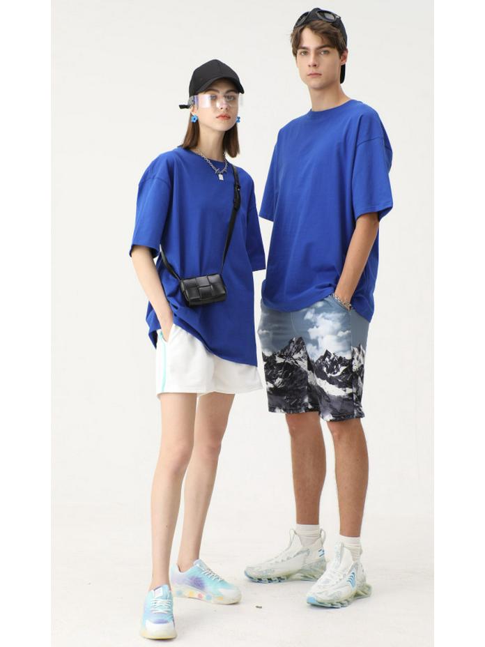 Men's Trendy Round Neck 230g Heavyweight Cotton Short-Sleeve T-Shirt - Loose Fit, Solid Color