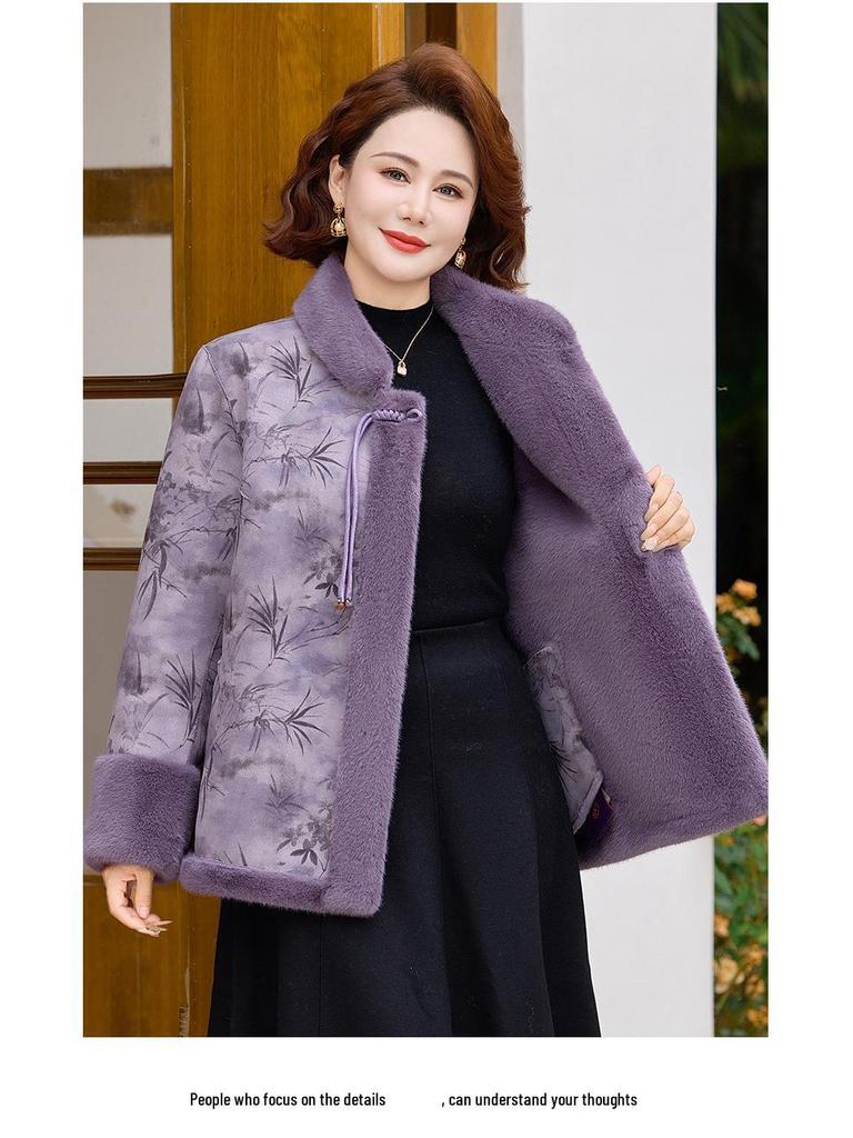 Reversible Fur & Leather Winter Coat for Middle-Aged and Elderly Women - Stylish Chinese-Style Mink Velvet Jacket