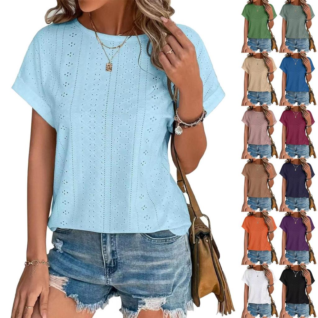 Top Eyelets Summer Spring Curved Hem, Casual Women's Short Sleeved Fashionable T-shirt Beach Vacation Short Style