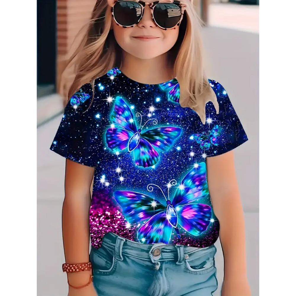 Children's clothing for girls, short sleeved girls' T-shirts, butterfly printed cute round neck girls' tops, children's summer clothes