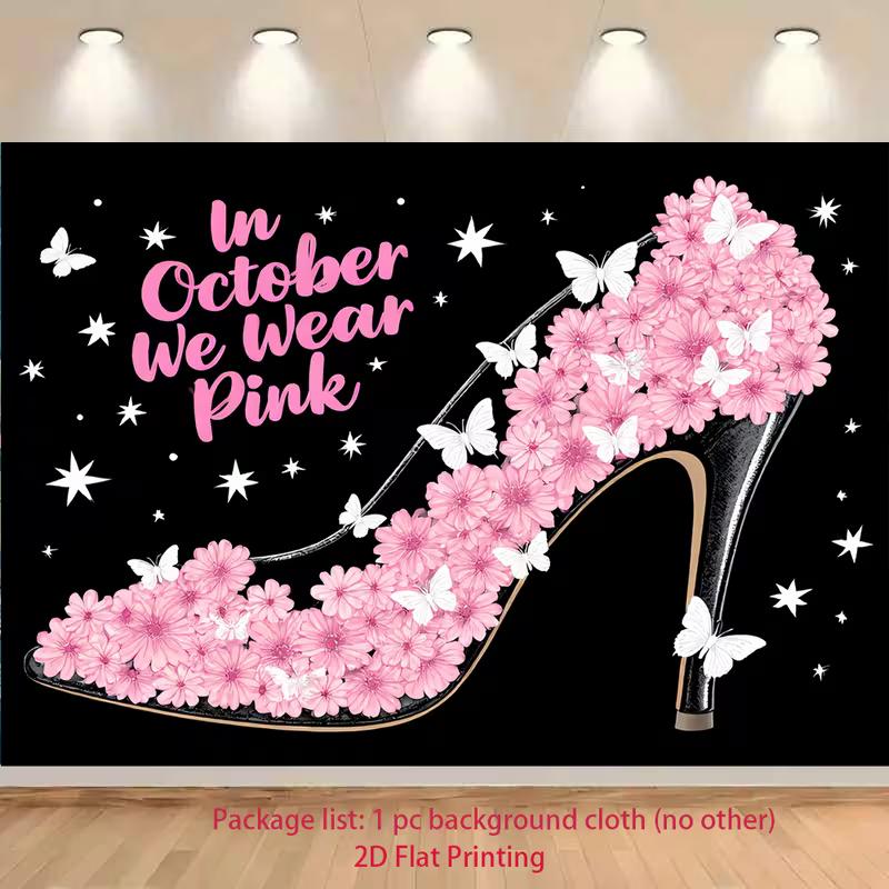 2D October Breast Cancer Backdrop with Pink Floral Shoe and Stars 47.2x31.5inch/120*80cm