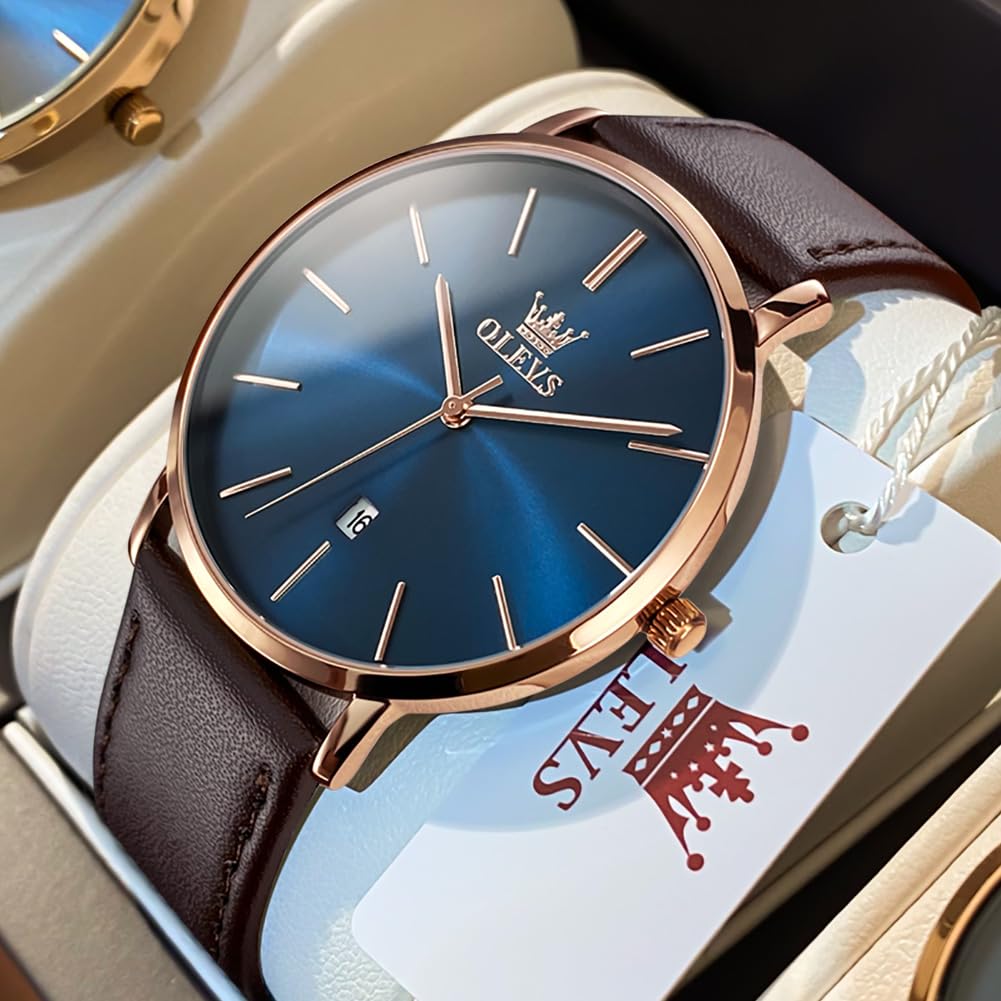 OLEVS Montre pour homme 40 mm Boîtier fin Affichage de la date Étanche 30 m Bracelet style cuir Business Casual Options multicolores Légère 35 g Montre de mode