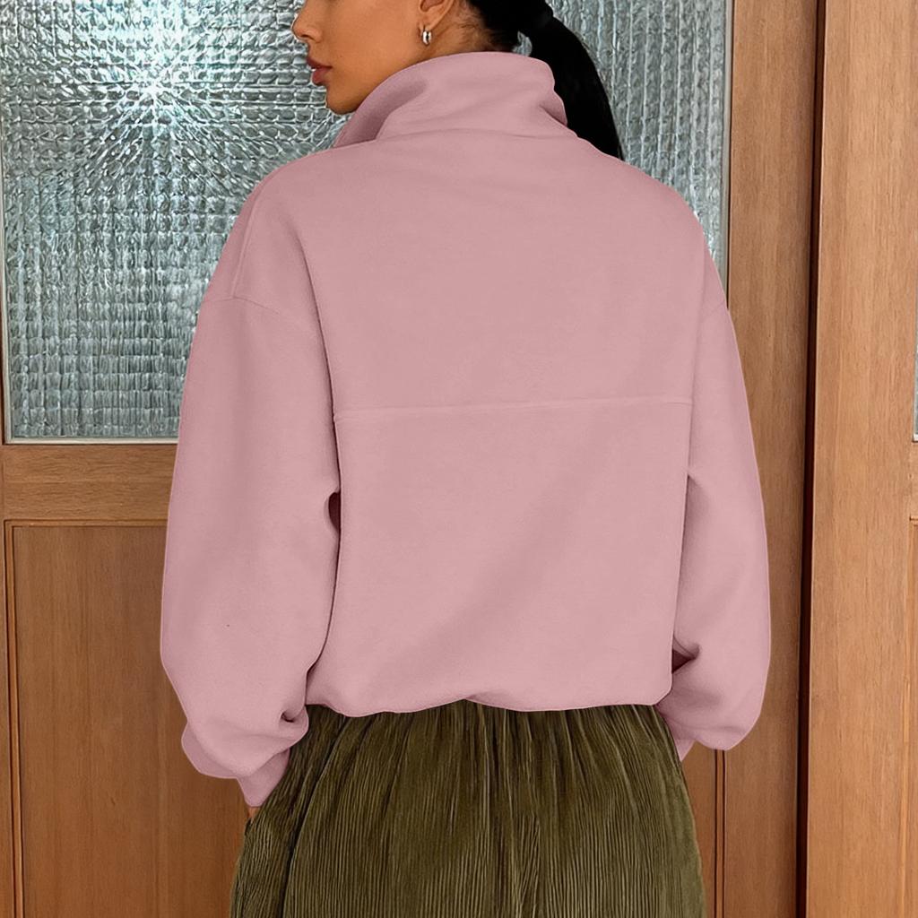 Women's Casual Loose Fashion Solid Color Long-sleeved Zipper Pullover Lapel Sweatshirt