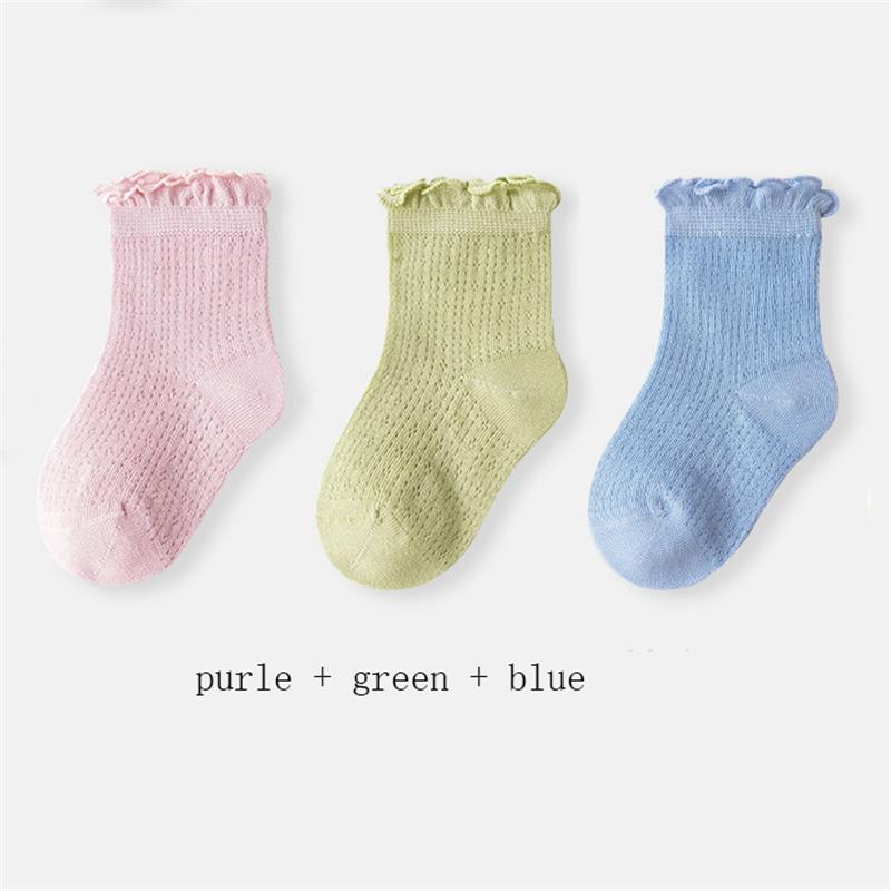 3 Pary/Partia Letnie Dziecięce Siateczkowe Cienkie Skarpetki Jednolite Miękkie Bawełniane Skarpetki Noworodkowe Księżniczka Falbanka Niemowlę Maluch Dziewczynki Śliczne Oddychające Skarpetki