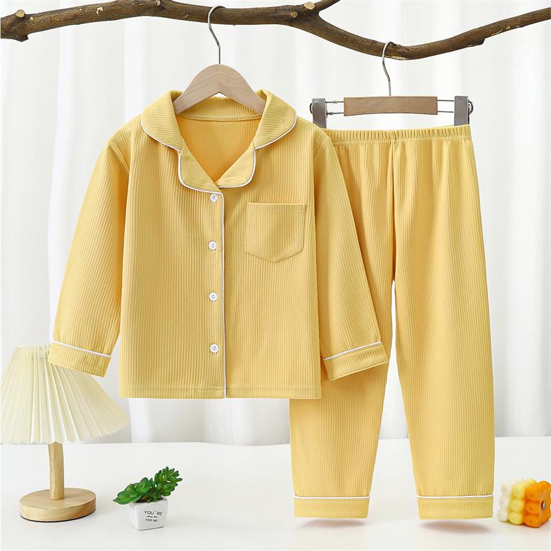Automne 2026 Combinaisons Sous-vêtements Velours Couleur Unie pour Enfants Bébé Printemps Revers Manches Longues Pantalon Ensemble Pyjama Enfants Poche Vêtements de Maison Combinaison pour Fille Garçon
