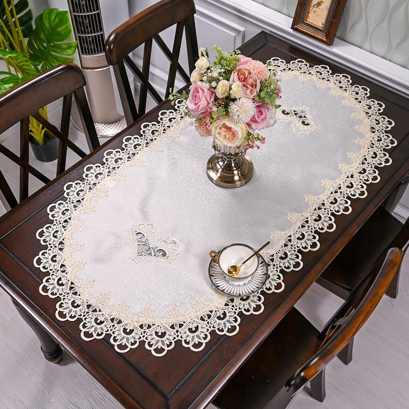 European Oval Living Room Table Mat Tea Table Dining Table Cloth Lace Edge Fabric Heat-resistant and Dustproof Tablecloth