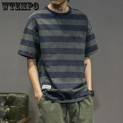 100% Cotton Men's Short-sleeved T-shirt Round Neck Striped Summer Shirts Korean Version Trendy Tide Loose Half-sleeves