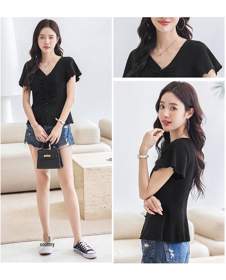 Frühling/Sommer 2025 Damen V-Ausschnitt Kurzarm T-Shirt - Koreanischer Stil mit süßen Rüschenärmeln