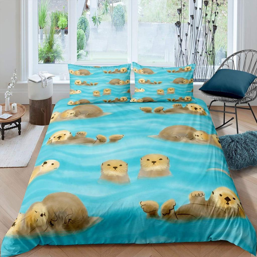 Sea Otters Duvet Cover Set For Kids Boys Girls Lightweight Quilt Covers Bedroom Decor Ocean Sea Life Themed Bedding Set No Quilt