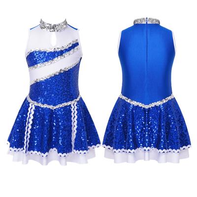 Girls Cheerleading Dress Sleeveless Round Collar Shiny Sequins Patchwork Design with Hidden Back Zipper Dance Costume