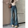 2025 Women's High Waist Bell Bottom Jeans: Stretchy Blue-Gray Raw Hem with Slit for Long-Leg Look